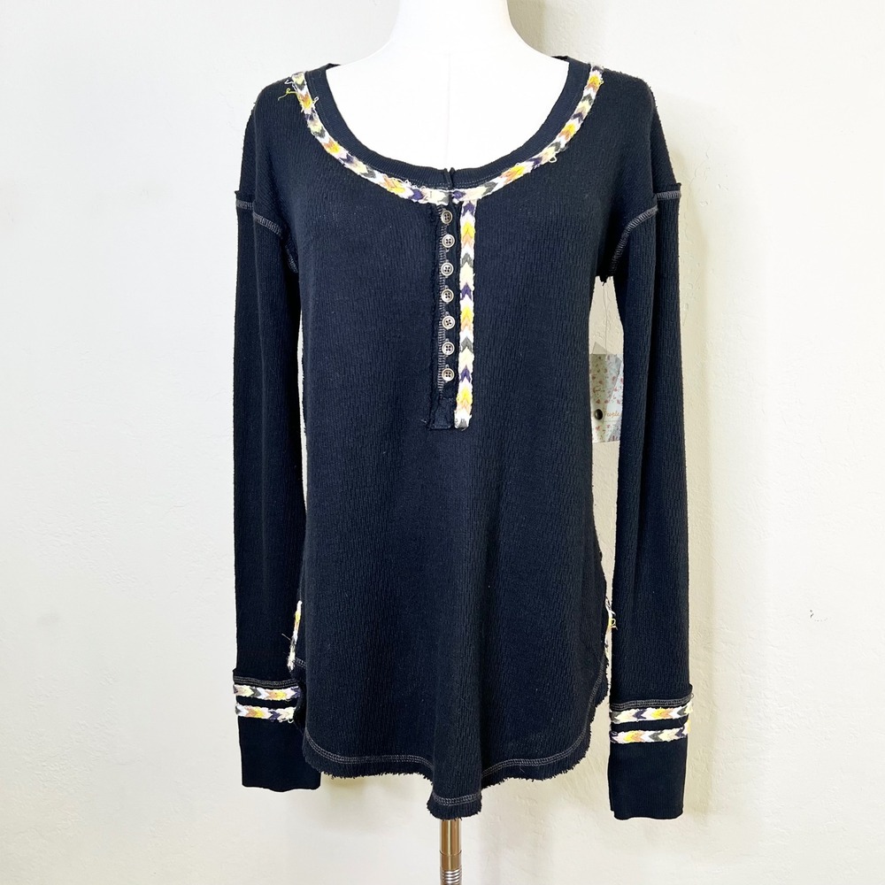 Free People Top We The Free Rainbow Thermal Henley Embroidered Size S Black New